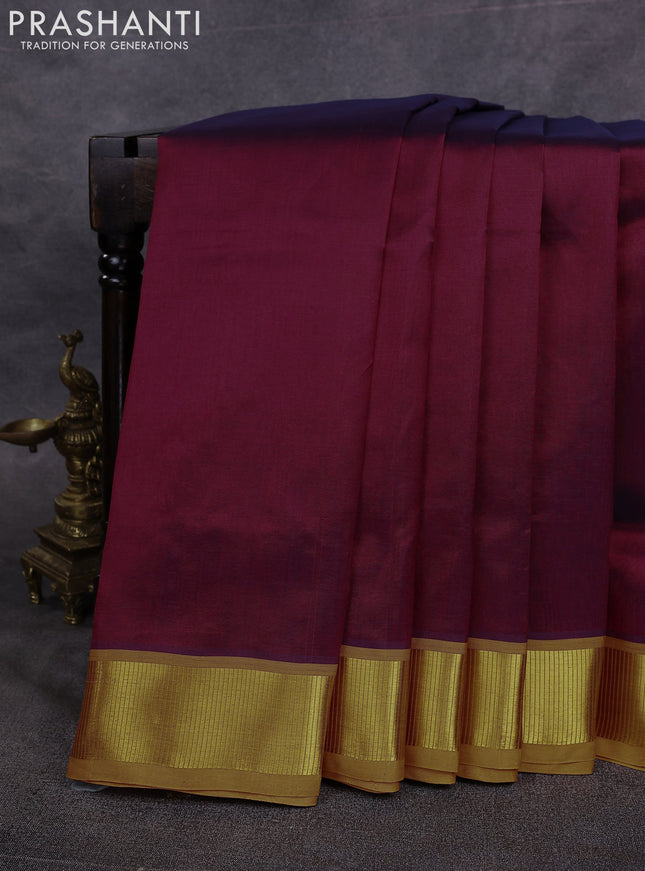 10 Yards silk cotton saree maroon and dark mustard with plain body and zari woven border