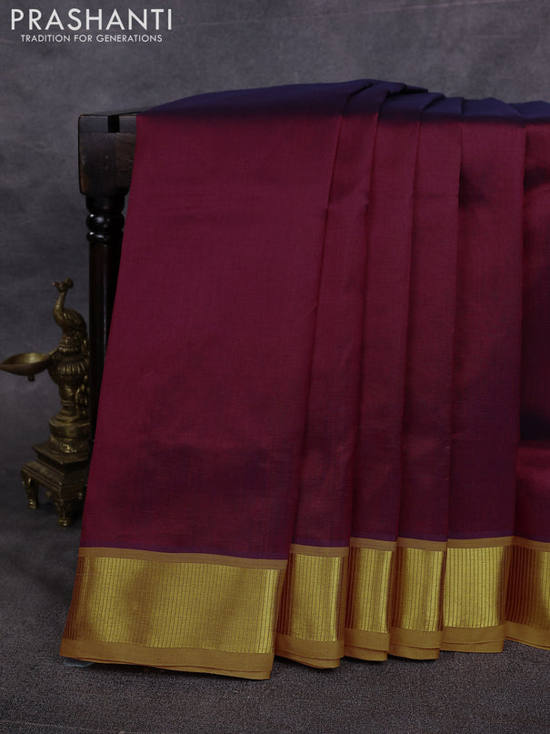 10 Yards silk cotton saree maroon and dark mustard with plain body and zari woven border