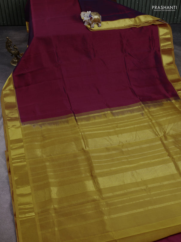 10 Yards silk cotton saree maroon and dark mustard with plain body and zari woven border
