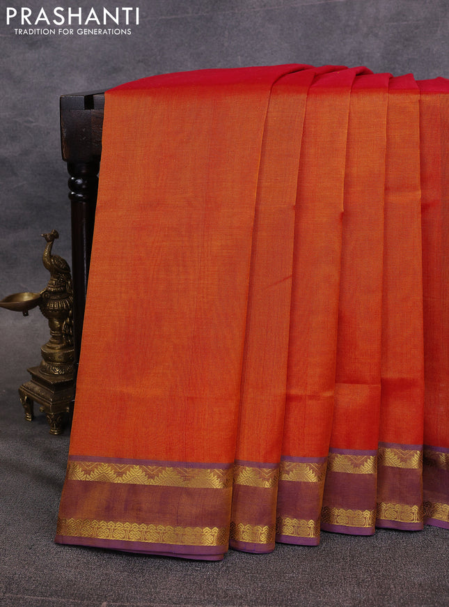 10 Yards silk cotton saree dual shade of honey and violet with plain body and rettapet zari woven border