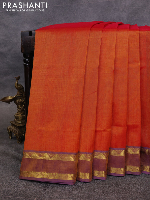 10 Yards silk cotton saree dual shade of honey and violet with plain body and rettapet zari woven border
