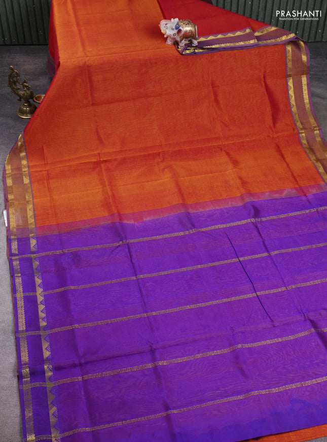 10 Yards silk cotton saree dual shade of honey and violet with plain body and rettapet zari woven border