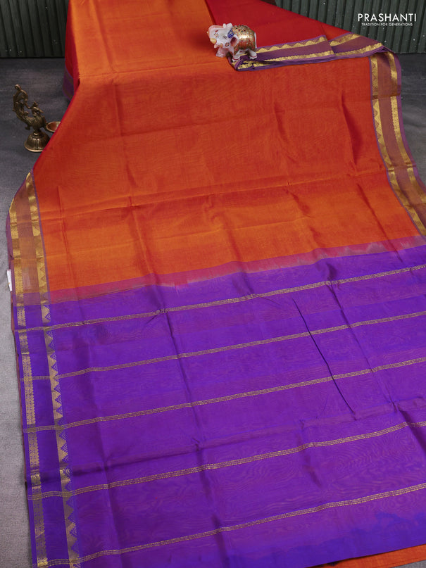 10 Yards silk cotton saree dual shade of honey and violet with plain body and rettapet zari woven border