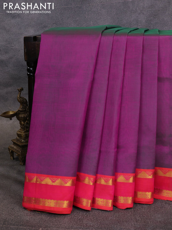 10 Yards silk cotton saree dual shade of greenish purple and candy pink with plain body and rettapet zari woven border