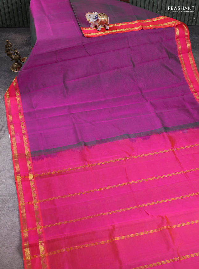 10 Yards silk cotton saree dual shade of greenish purple and candy pink with plain body and rettapet zari woven border