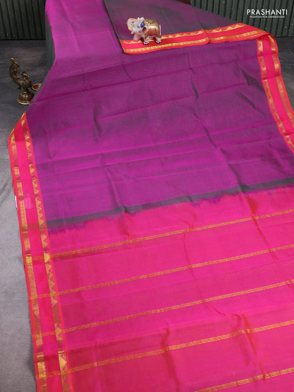 10 Yards silk cotton saree dual shade of greenish purple and candy pink with plain body and rettapet zari woven border