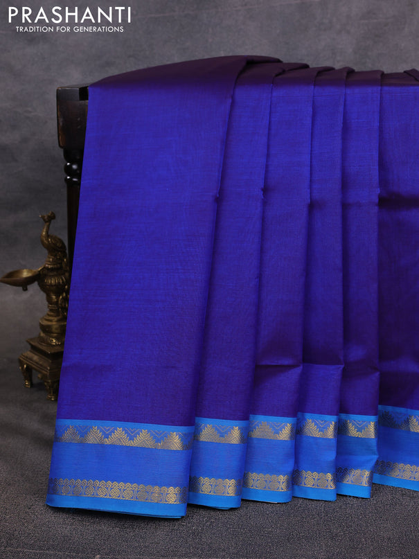 10 Yards silk cotton saree blue and cs blue with plain body and rettapet zari woven border
