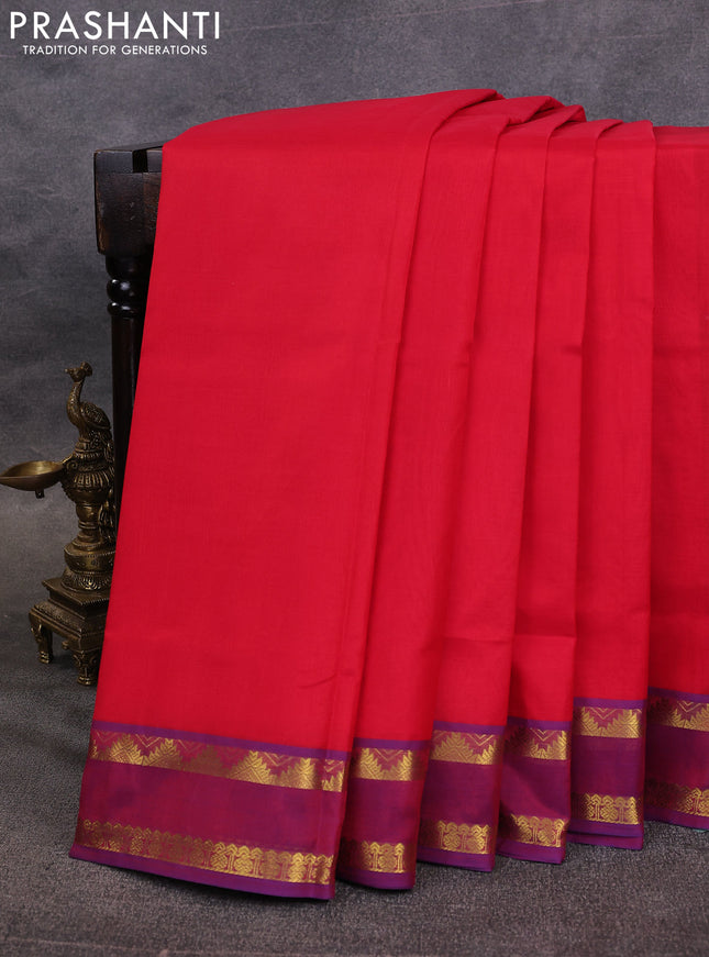 10 Yards silk cotton saree red and purple with plain body and rettapet zari woven border