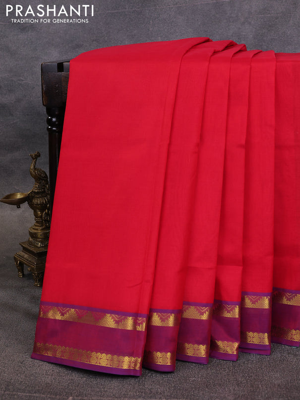 10 Yards silk cotton saree red and purple with plain body and rettapet zari woven border