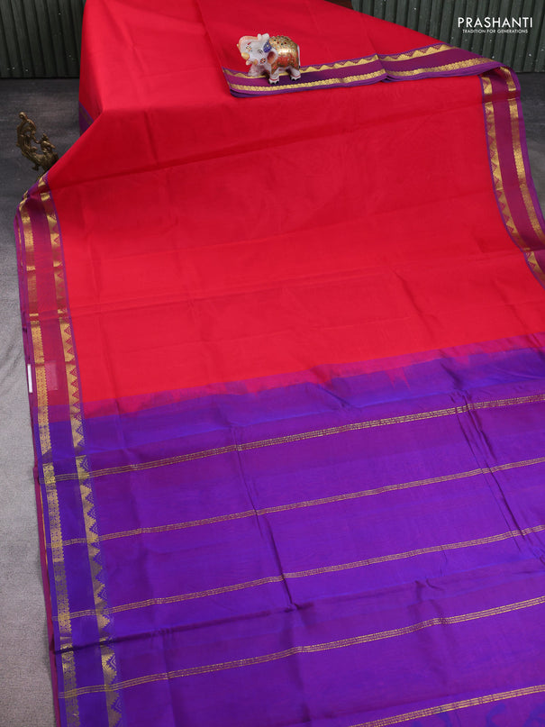 10 Yards silk cotton saree red and purple with plain body and rettapet zari woven border