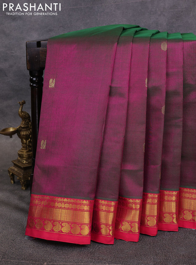 10 Yards silk cotton saree dual shade of greenish purple and pink with annam & rudhraksha zari woven buttas and zari woven border