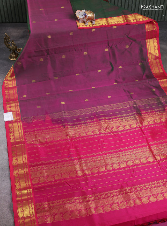 10 Yards silk cotton saree dual shade of greenish purple and pink with annam & rudhraksha zari woven buttas and zari woven border