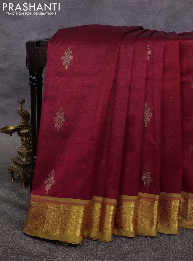 10 Yards silk cotton saree maroon and light green with zari woven rangoli buttas and rettapet zari woven border