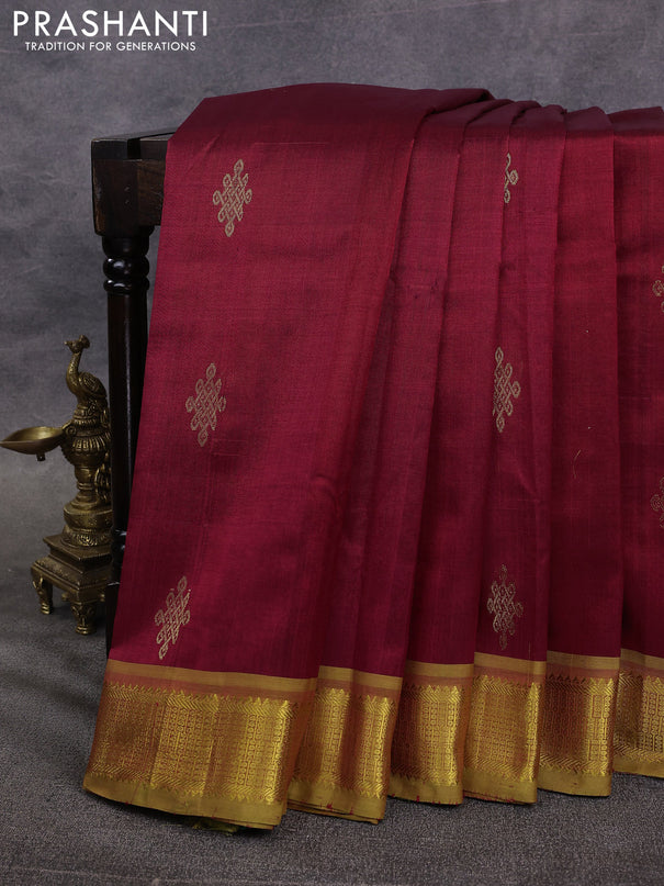 10 Yards silk cotton saree maroon and light green with zari woven rangoli buttas and rettapet zari woven border
