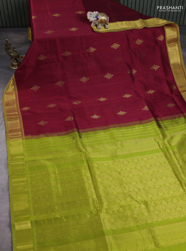 10 Yards silk cotton saree maroon and light green with zari woven rangoli buttas and rettapet zari woven border