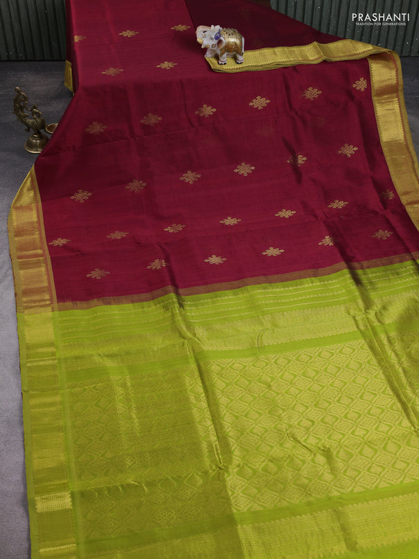 10 Yards silk cotton saree maroon and light green with zari woven rangoli buttas and rettapet zari woven border