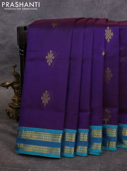 10 Yards silk cotton saree dual shade of blue and teal green with zari woven rangoli buttas and rettapet zari woven border