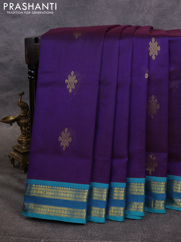 10 Yards silk cotton saree dual shade of blue and teal green with zari woven rangoli buttas and rettapet zari woven border