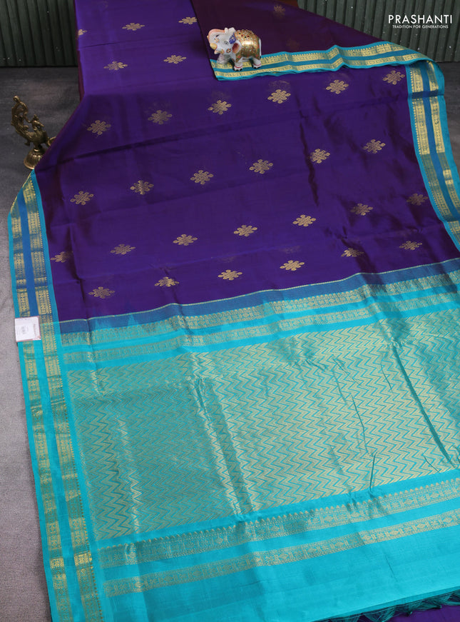 10 Yards silk cotton saree dual shade of blue and teal green with zari woven rangoli buttas and rettapet zari woven border
