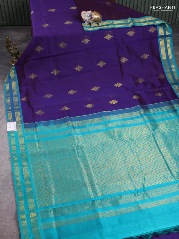 10 Yards silk cotton saree dual shade of blue and teal green with zari woven rangoli buttas and rettapet zari woven border