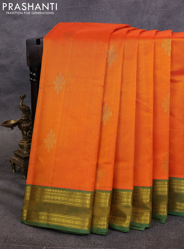 10 Yards silk cotton saree orange and green with zari woven rangoli buttas and rettapet zari woven border