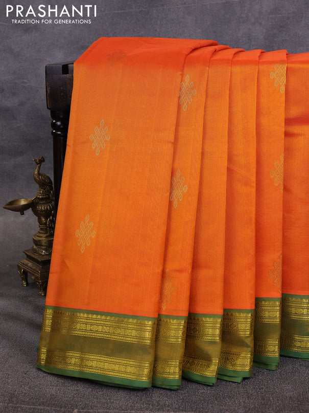 10 Yards silk cotton saree orange and green with zari woven rangoli buttas and rettapet zari woven border