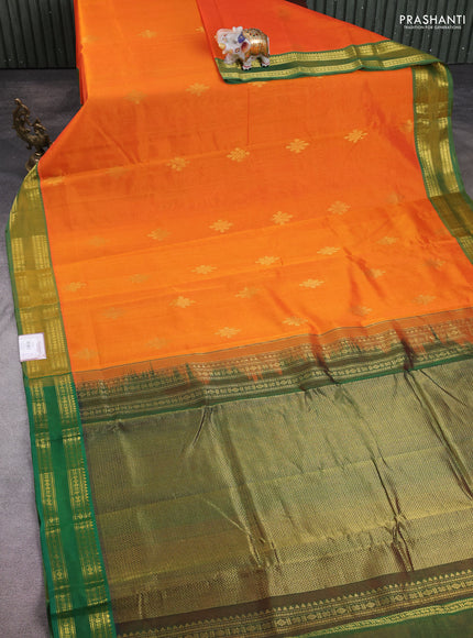 10 Yards silk cotton saree orange and green with zari woven rangoli buttas and rettapet zari woven border