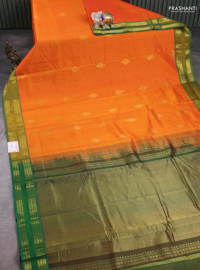 10 Yards silk cotton saree orange and green with zari woven rangoli buttas and rettapet zari woven border