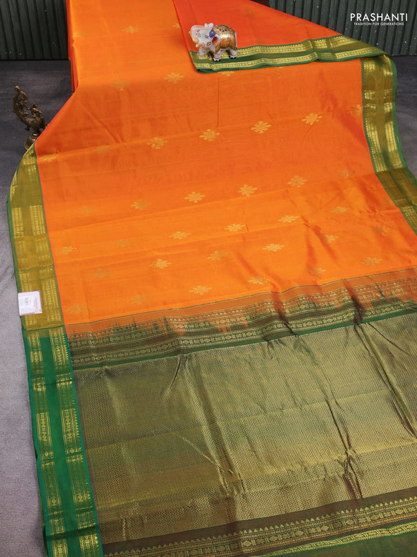10 Yards silk cotton saree orange and green with zari woven rangoli buttas and rettapet zari woven border