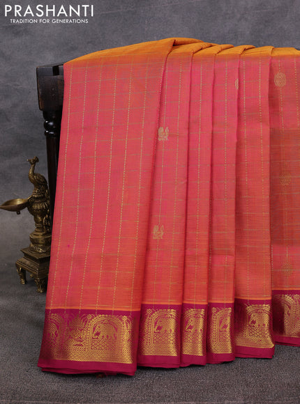 10 Yards silk cotton saree dual shade of pinkish mustard and magenta pink with allover zari checks & buttas and zari woven border