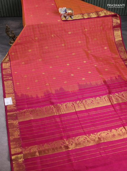 10 Yards silk cotton saree dual shade of pinkish mustard and magenta pink with allover zari checks & buttas and zari woven border