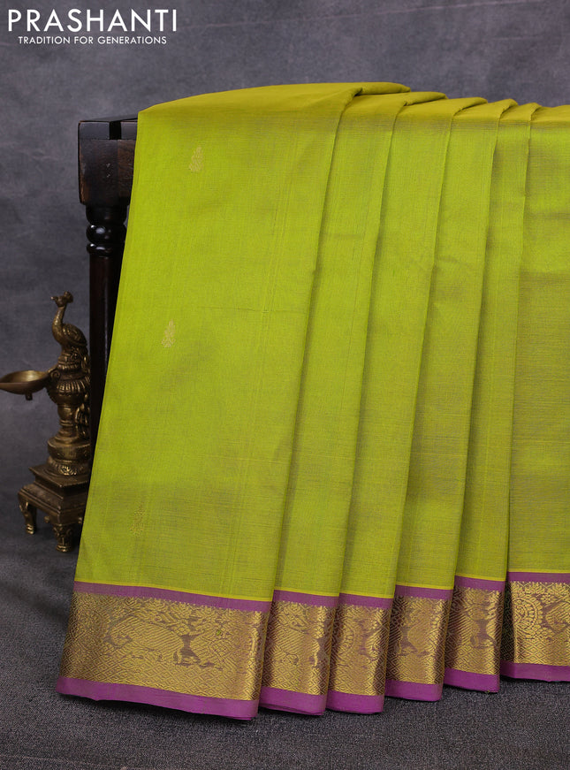 10 Yards silk cotton saree lime green and purple with zari woven buttas and zari woven border