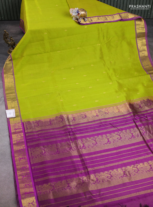 10 Yards silk cotton saree lime green and purple with zari woven buttas and zari woven border