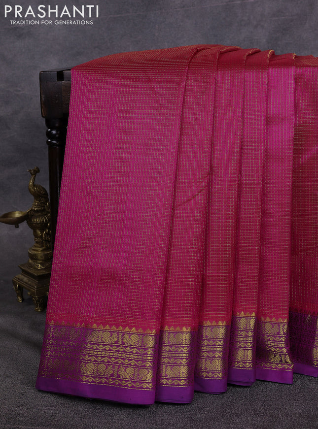 10 Yards silk cotton saree pink and violet with allover small checked pattern and zari woven border