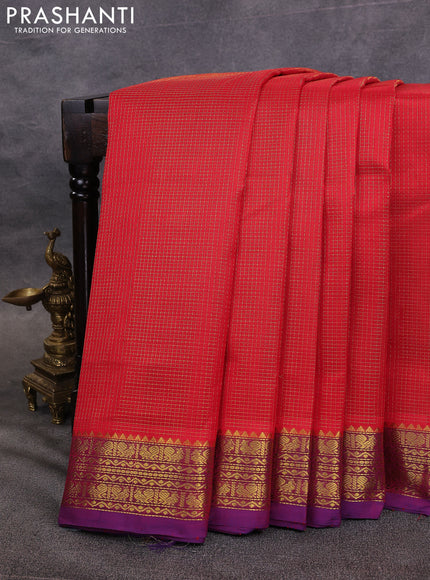 10 Yards silk cotton saree red and violet with allover small checked pattern and zari woven border