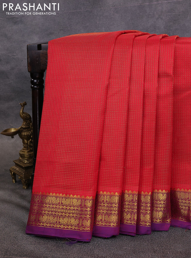 10 Yards silk cotton saree red and violet with allover small checked pattern and zari woven border