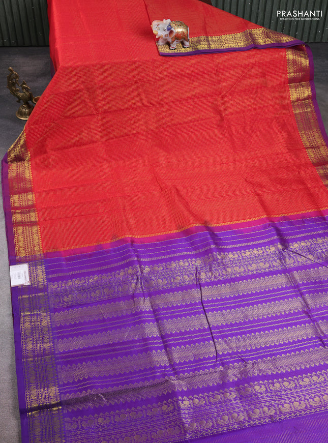 10 Yards silk cotton saree red and violet with allover small checked pattern and zari woven border