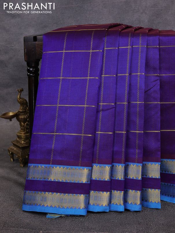 10 Yards silk cotton saree dual shade of violet and cs blue with allover zari woven checked pattern and rettapet zari woven border