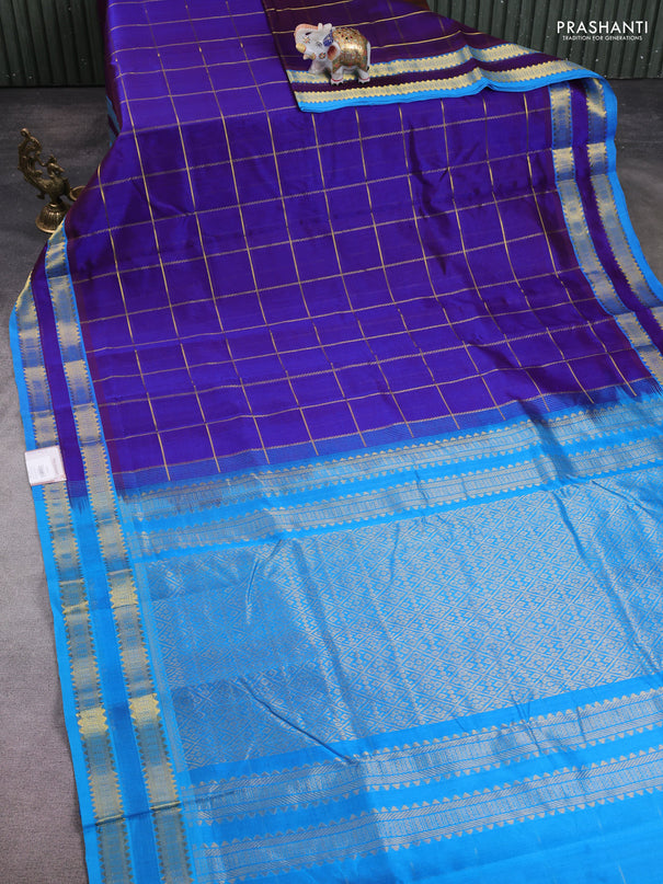 10 Yards silk cotton saree dual shade of violet and cs blue with allover zari woven checked pattern and rettapet zari woven border