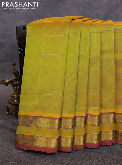 10 Yards silk cotton saree lime green and maroon with allover zari woven checked pattern and rettapet zari woven border