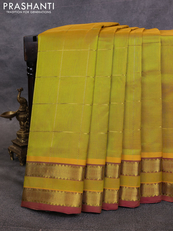 10 Yards silk cotton saree lime green and maroon with allover zari woven checked pattern and rettapet zari woven border