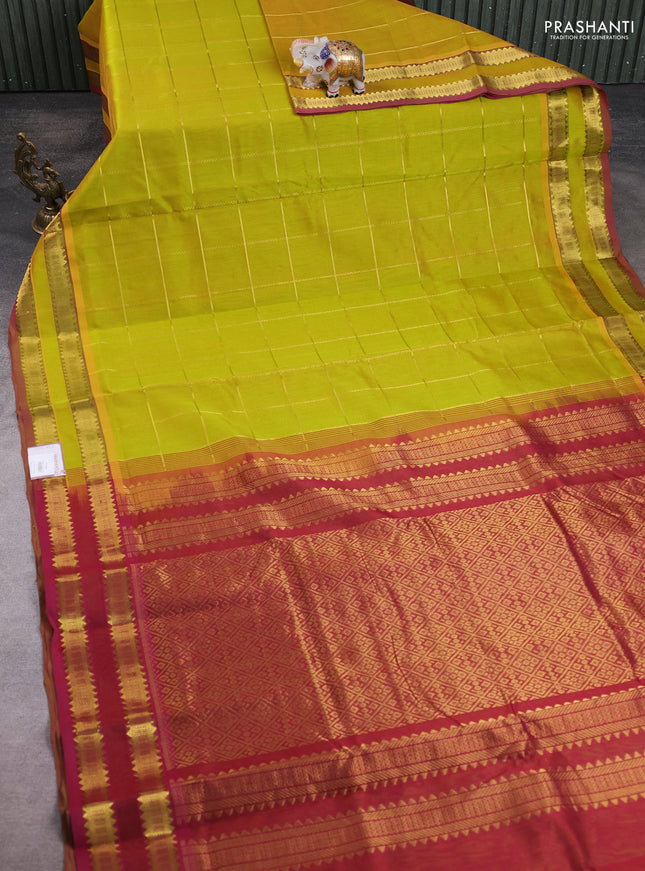 10 Yards silk cotton saree lime green and maroon with allover zari woven checked pattern and rettapet zari woven border