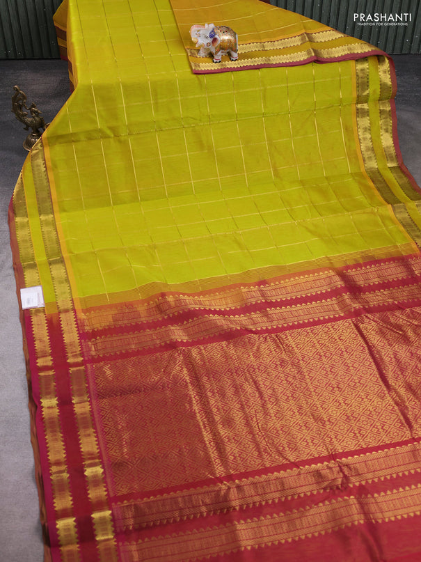 10 Yards silk cotton saree lime green and maroon with allover zari woven checked pattern and rettapet zari woven border
