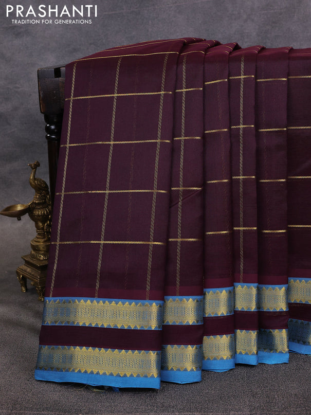 10 Yards silk cotton saree wine shade and cs blue with allover zari woven checked pattern and rettapet zari woven border