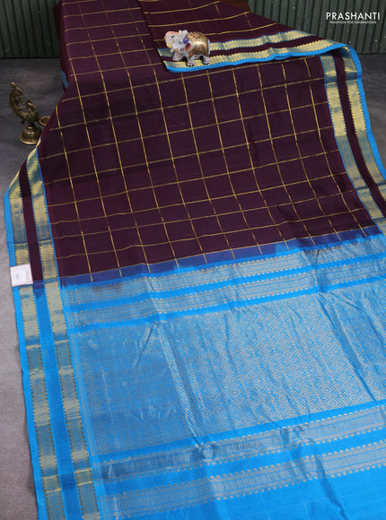 10 Yards silk cotton saree wine shade and cs blue with allover zari woven checked pattern and rettapet zari woven border