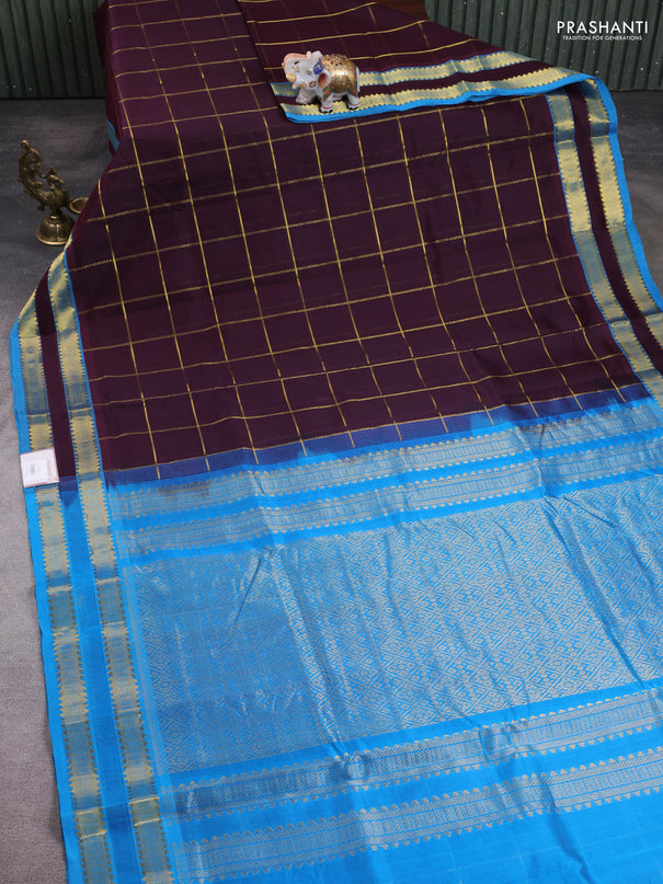 10 Yards silk cotton saree wine shade and cs blue with allover zari woven checked pattern and rettapet zari woven border