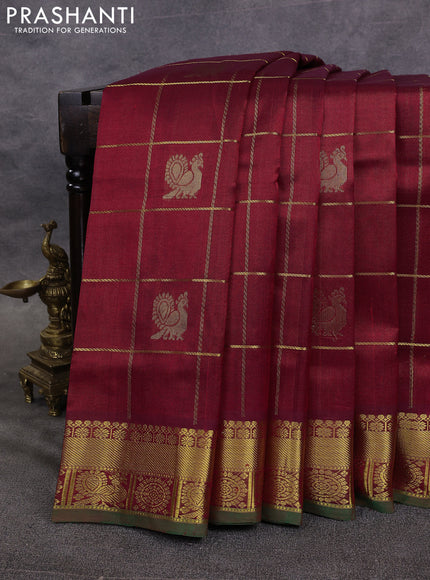 10 Yards silk cotton saree maroon and green with allover zari checks & buttas and rich zari woven border