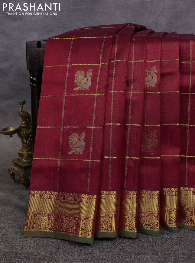 10 Yards silk cotton saree maroon and green with allover zari checks & buttas and rich zari woven border