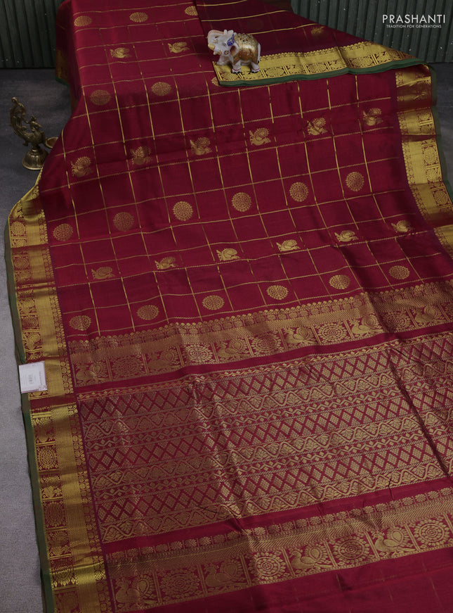 10 Yards silk cotton saree maroon and green with allover zari checks & buttas and rich zari woven border