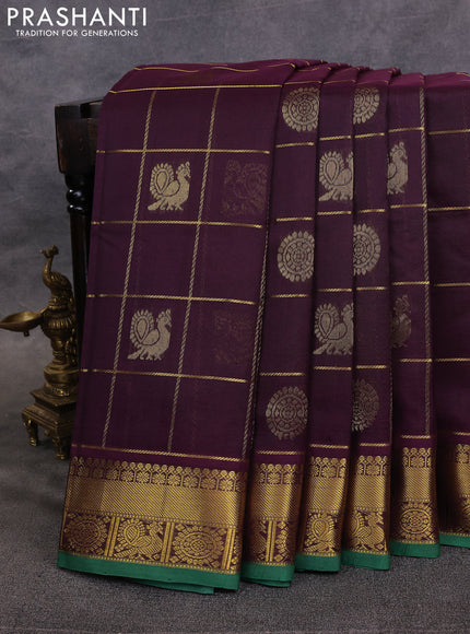 10 Yards silk cotton saree deep purple and green with allover zari checks & buttas and rich zari woven border